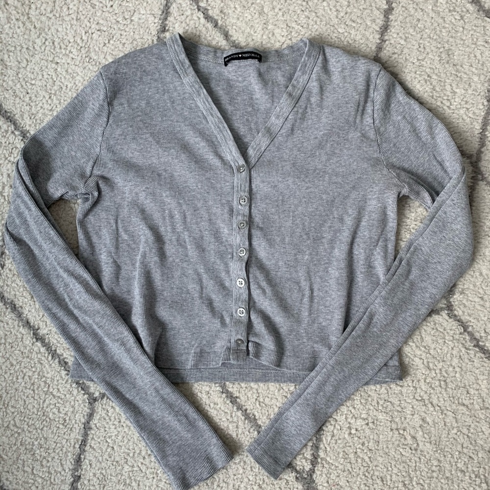 Brandy Melville Grey Ribbed Button Long Sleeve Top